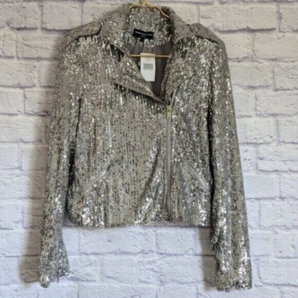 Generation Love Sequin Moto Jacket S NEW Silver Sparkle Glam Holiday Biker Chic - Picture 4 of 10